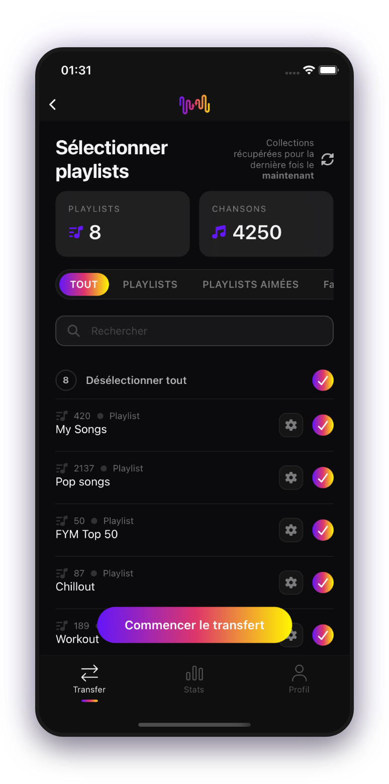 FreeYourMusic mobile — sélection des listes de lecture