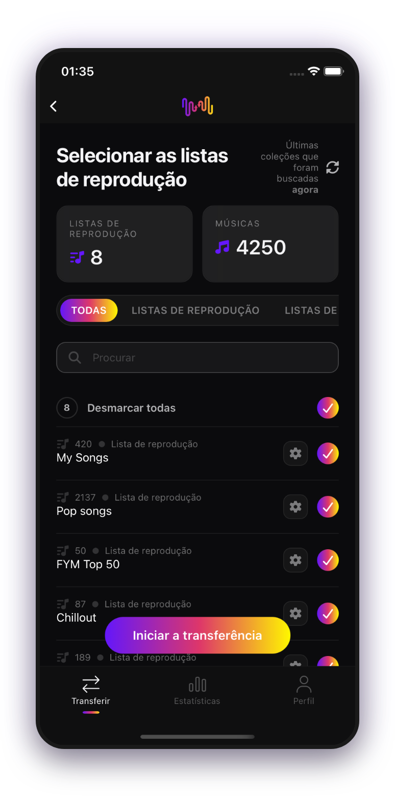 FreeYourMusic móvel — selecionar playlists