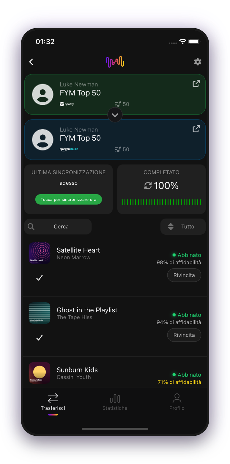 FreeYourMusic mobile — avanzamento del trasferimento