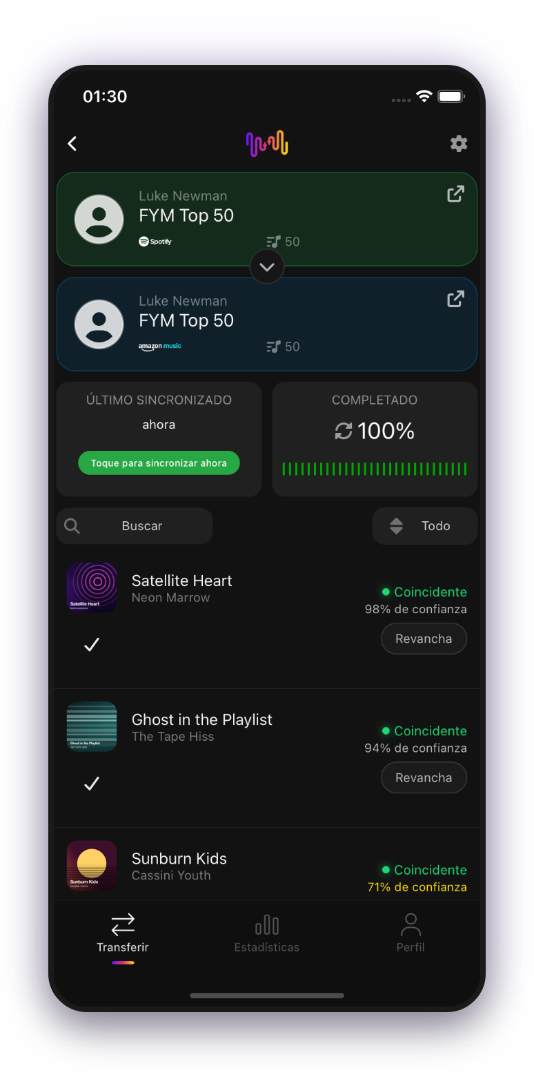 FreeYourMusic móvil — progreso de la transferencia