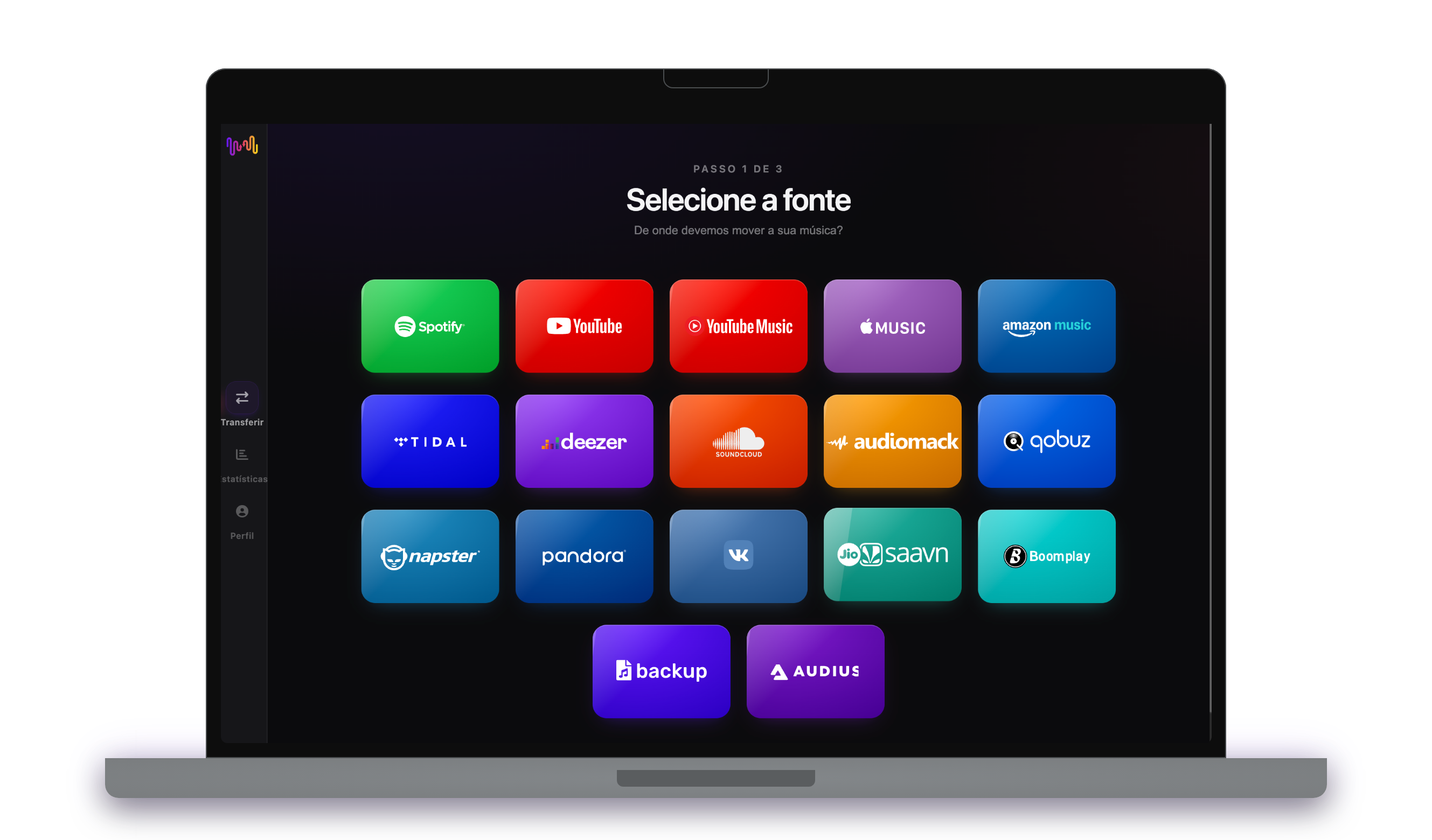 Aplicação FreeYourMusic a selecionar um serviço de música