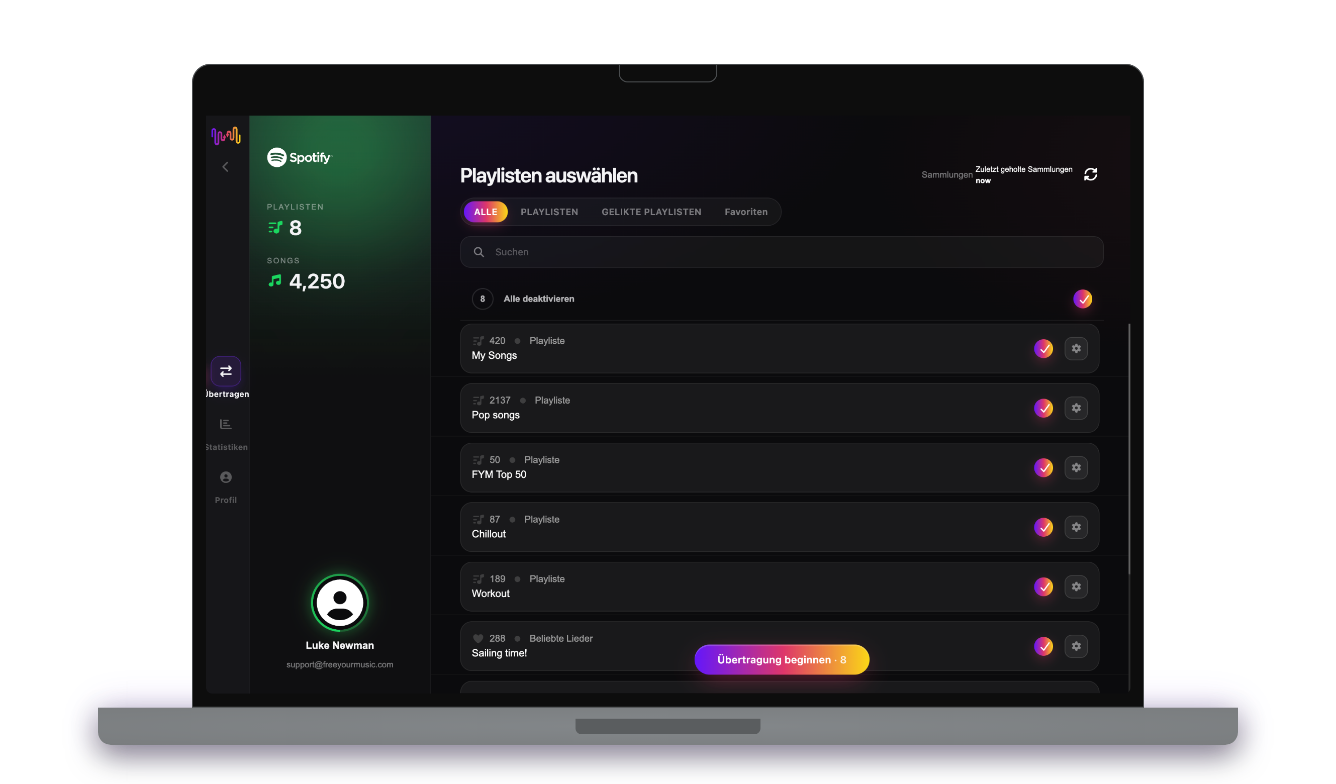 Auswahl der zu übertragenden Playlists und Songs