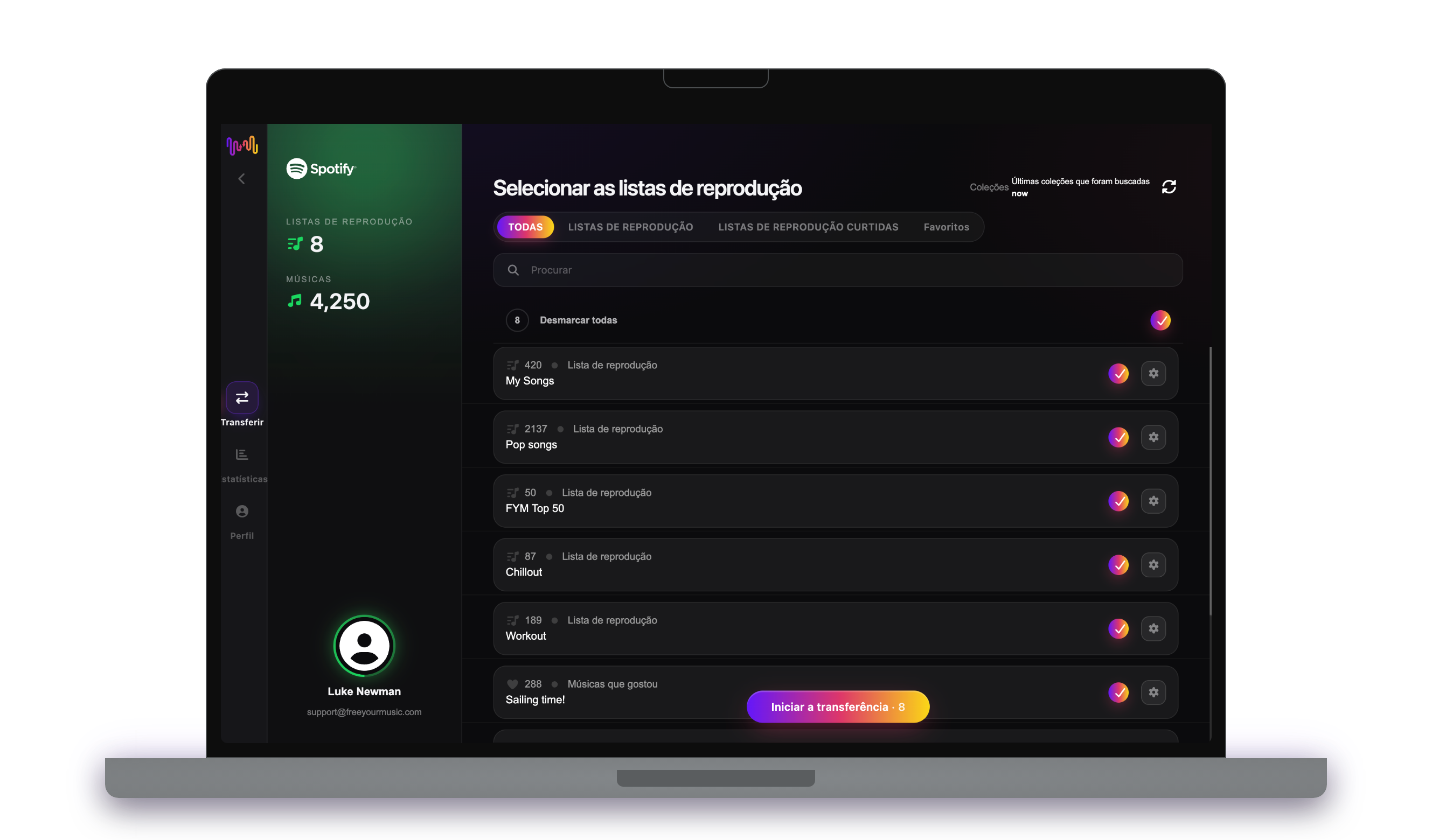 A escolher quais as playlists a transferir no FreeYourMusic