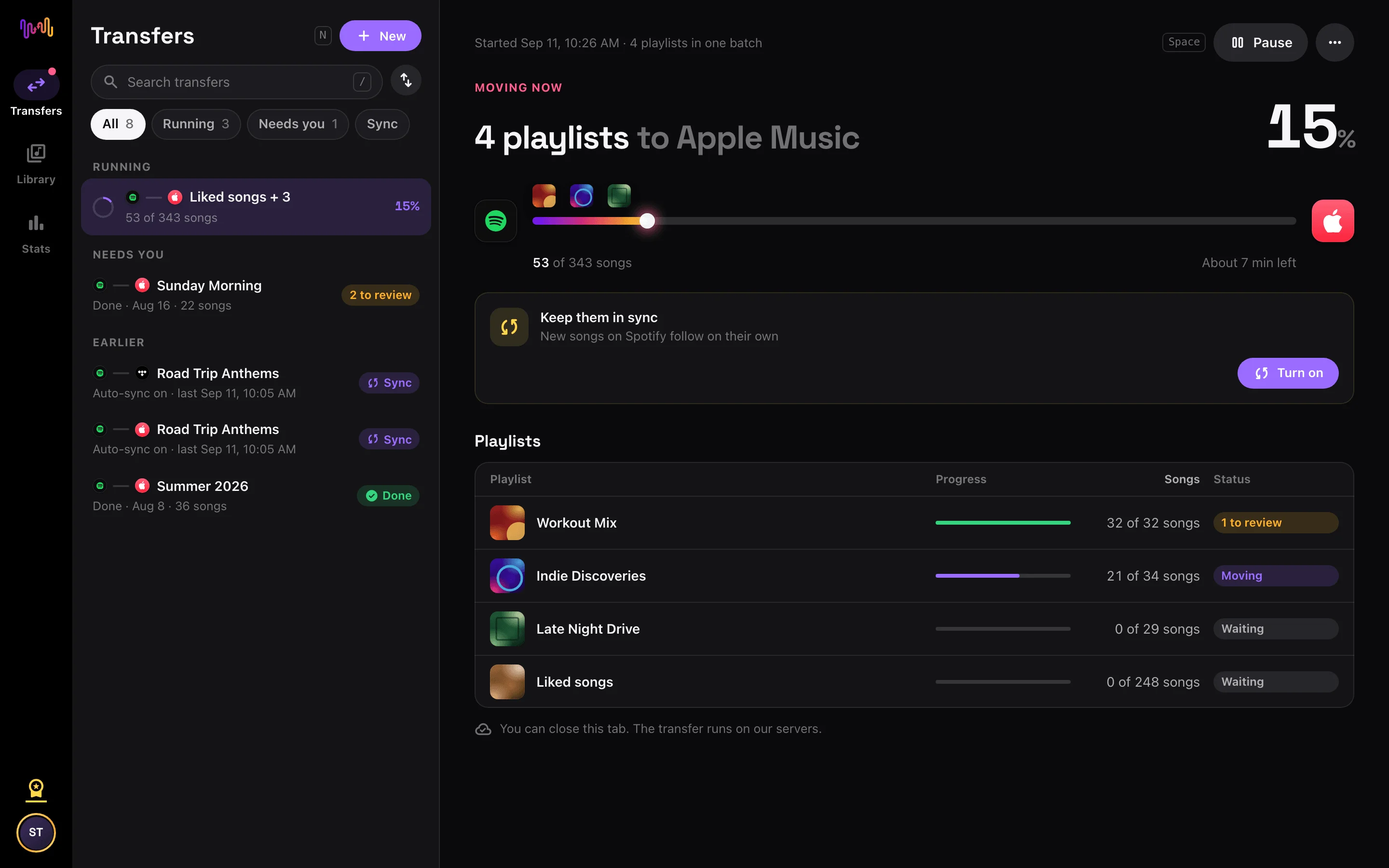 FreeYourMusic-app, stap 4: Start de overdracht en controleer de resultaten