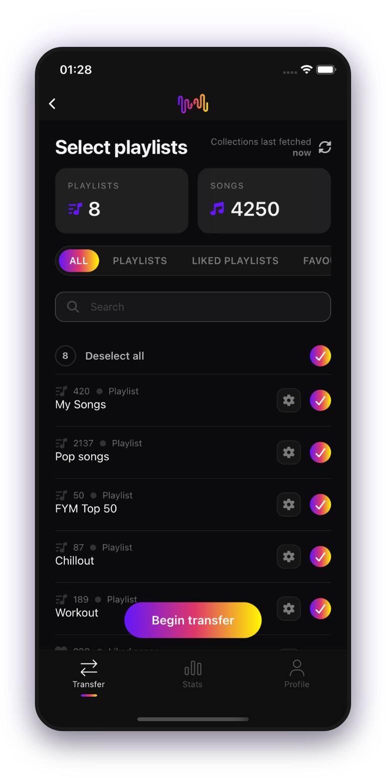 Screenshot of picking playlists transfer