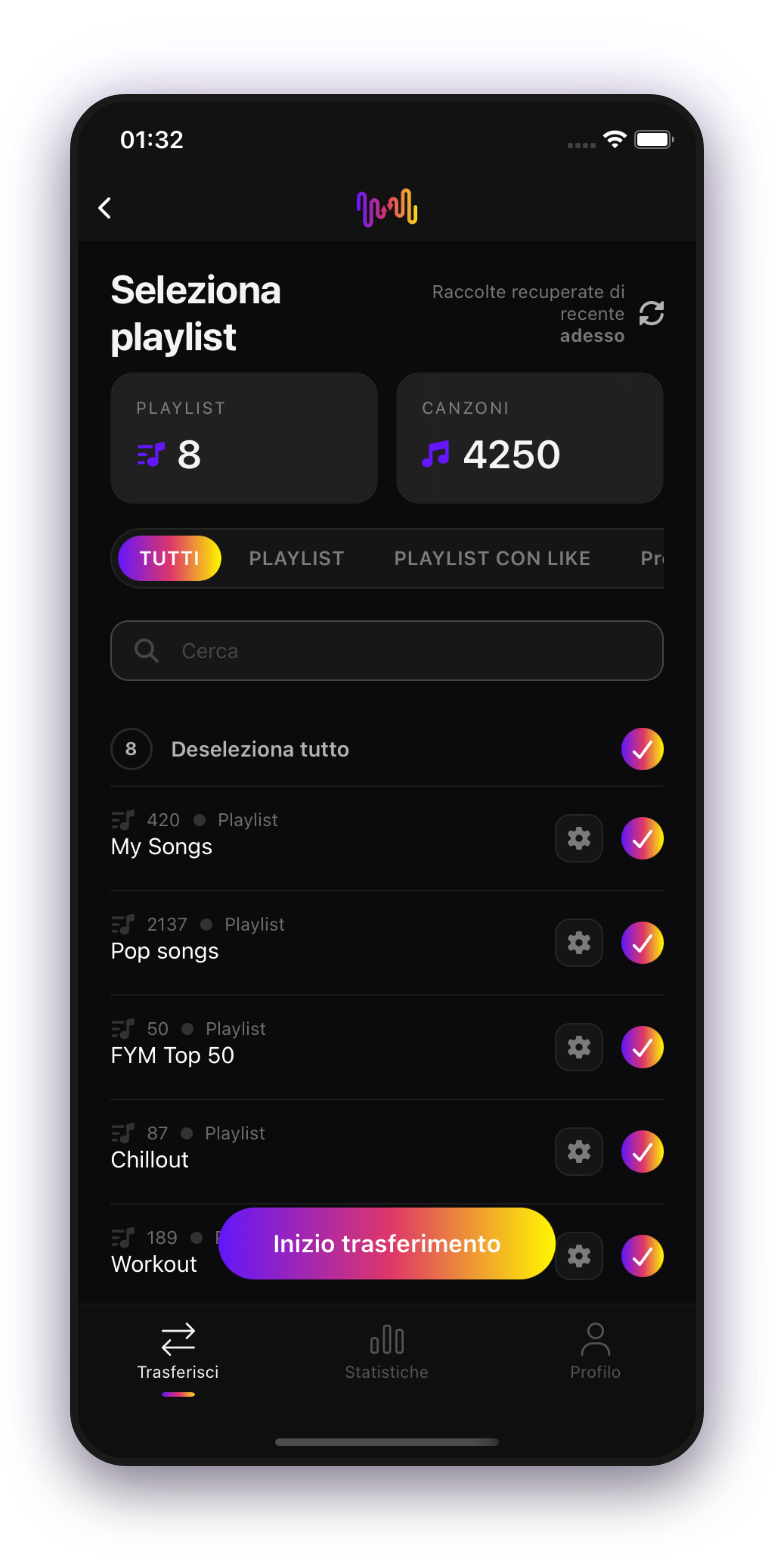 Screenshot della selezione delle playlist da trasferire