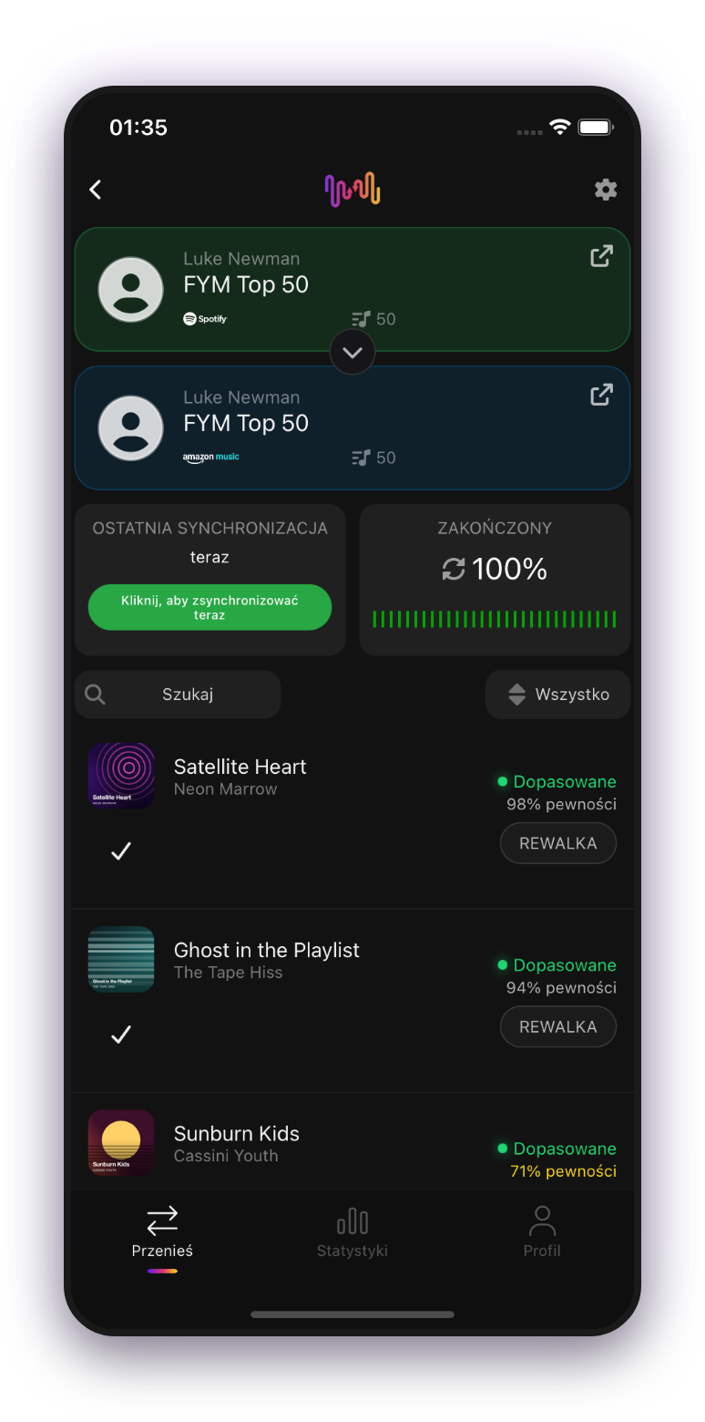 Aplikacja mobilna FreeYourMusic — postęp transferu