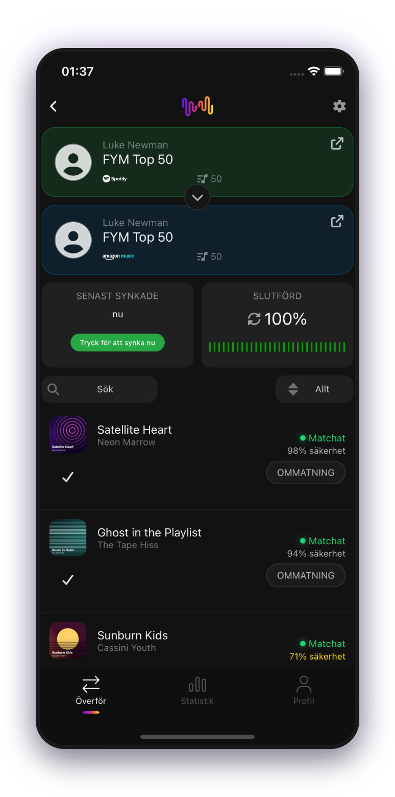 FreeYourMusic mobilapp — överföringens förlopp
