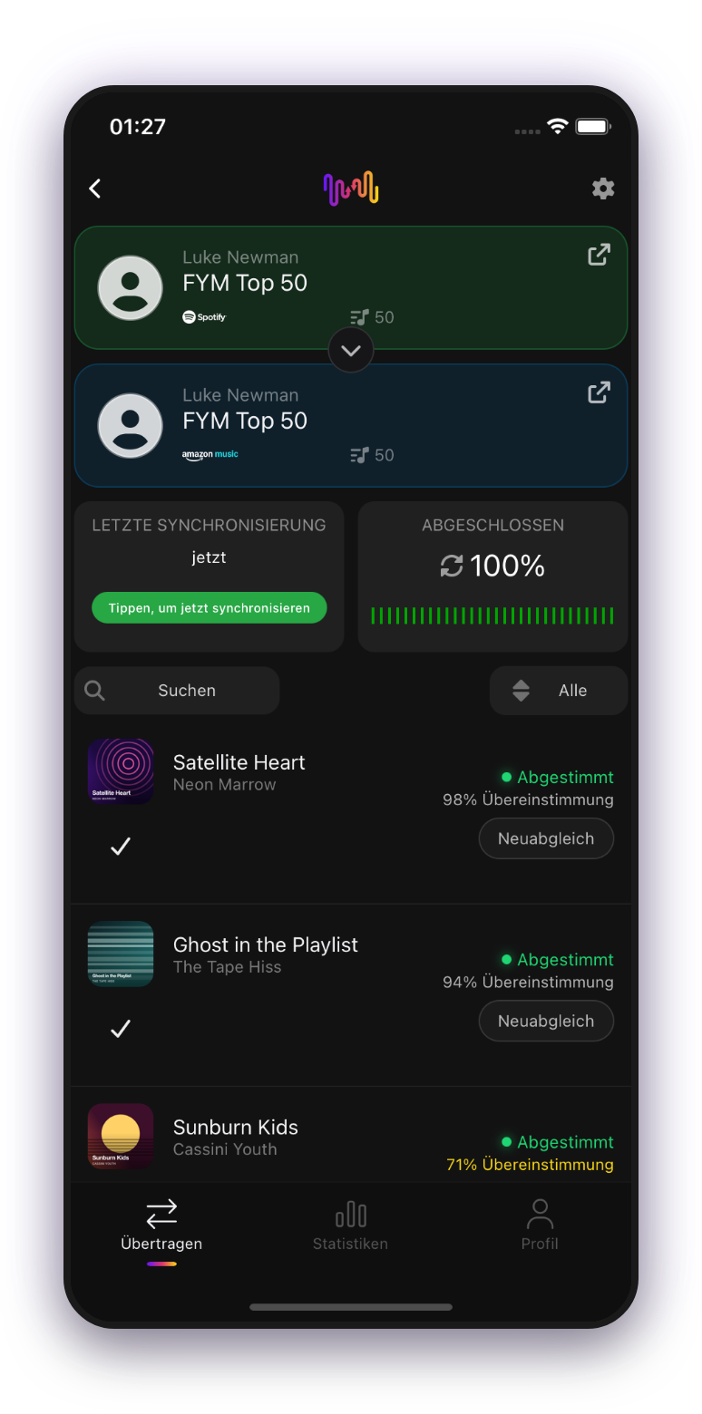FreeYourMusic mobile App — Übertragungsfortschritt