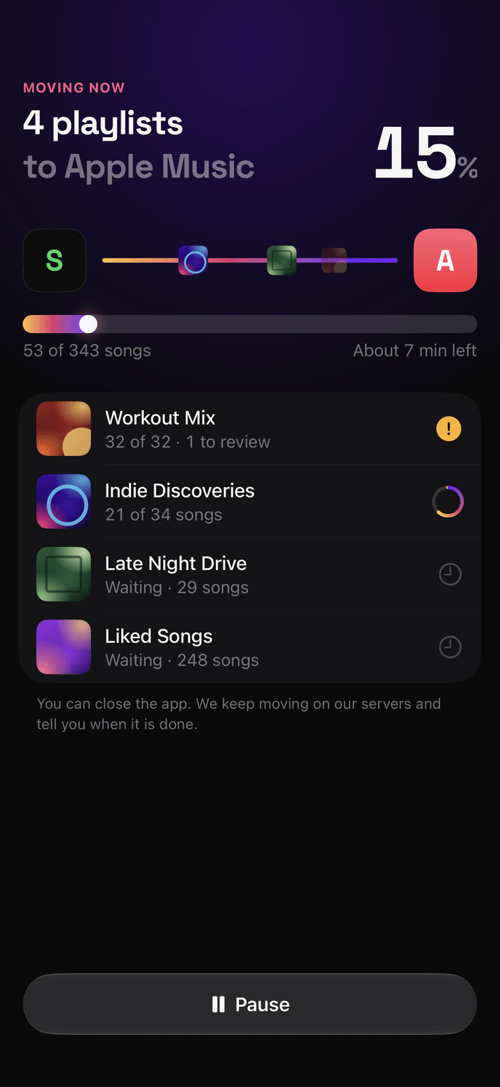 The FreeYourMusic app on a phone: songs move to Apple Music live